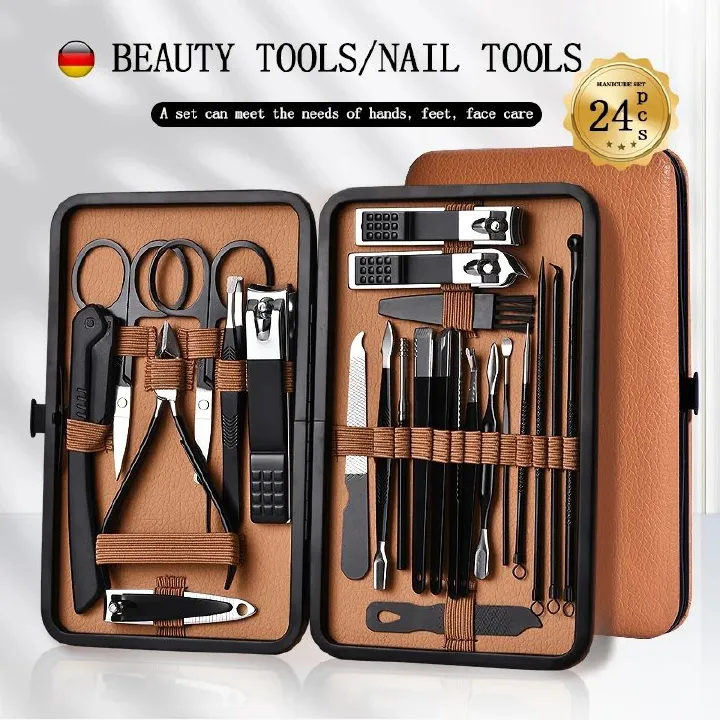 24pcs Manicure Tool Set With Box Stainless Steel Cuticle Nipper Cutter Kit Professional Nail Clippers Pedicure Nail Art Grooming Tools