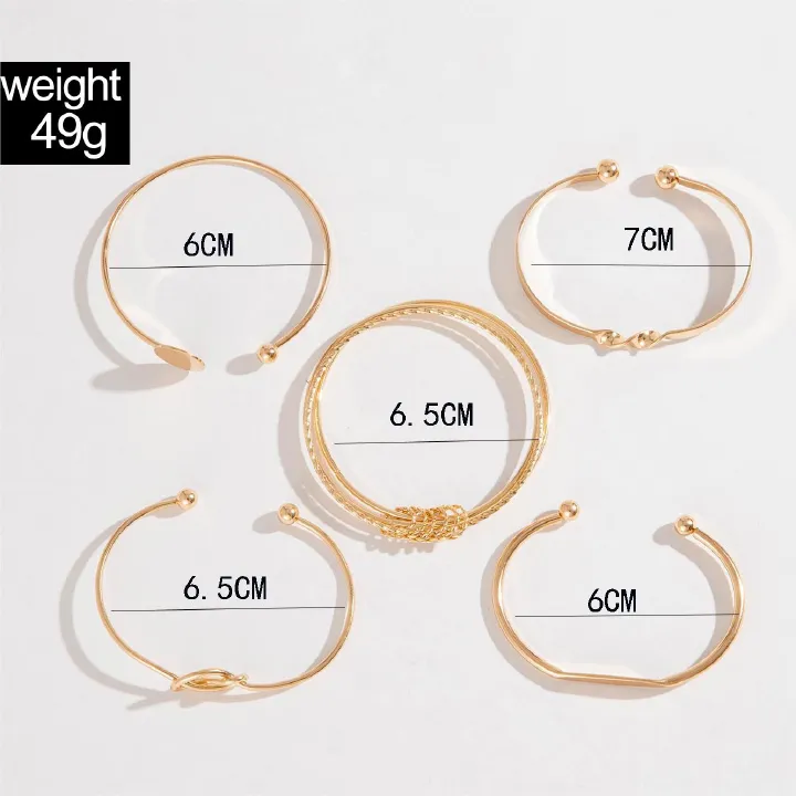 5Pcs Set Personalized Minimalist Chain Bracelet Retro Fashion Glossy Geometric Opening Bangle Hand Jewelry Set