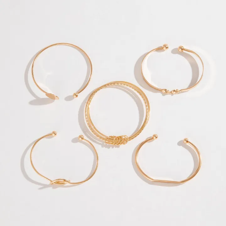 5Pcs Set Personalized Minimalist Chain Bracelet Retro Fashion Glossy Geometric Opening Bangle Hand Jewelry Set