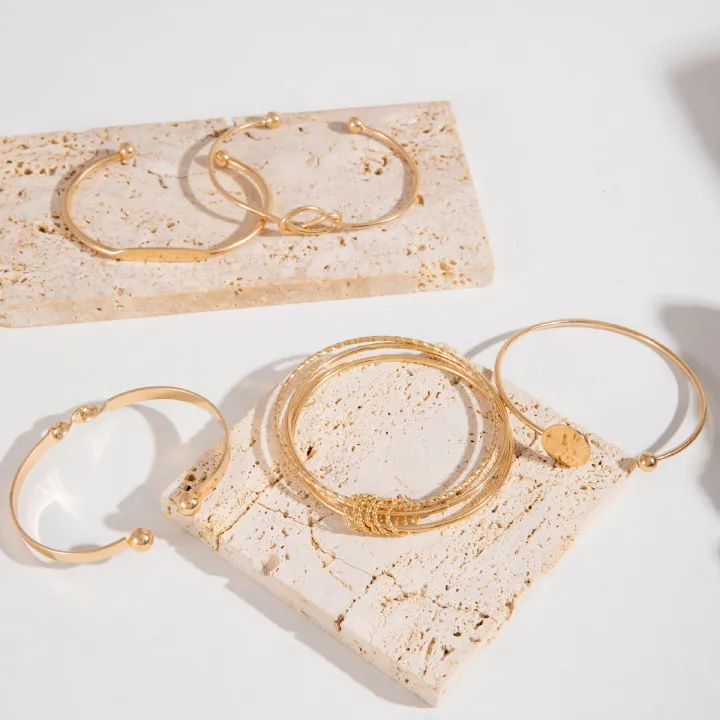 5Pcs Set Personalized Minimalist Chain Bracelet Retro Fashion Glossy Geometric Opening Bangle Hand Jewelry Set