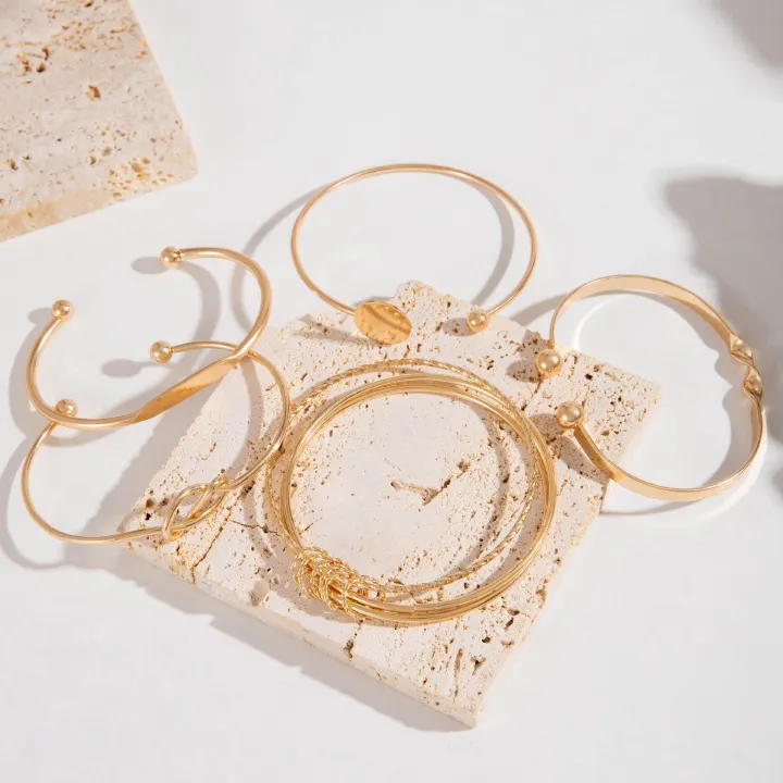 5Pcs Set Personalized Minimalist Chain Bracelet Retro Fashion Glossy Geometric Opening Bangle Hand Jewelry Set