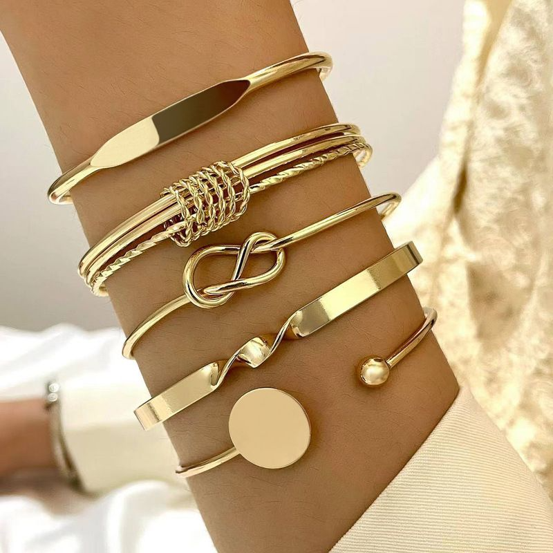 5Pcs Set Personalized Minimalist Chain Bracelet Retro Fashion Glossy Geometric Opening Bangle Hand Jewelry Set