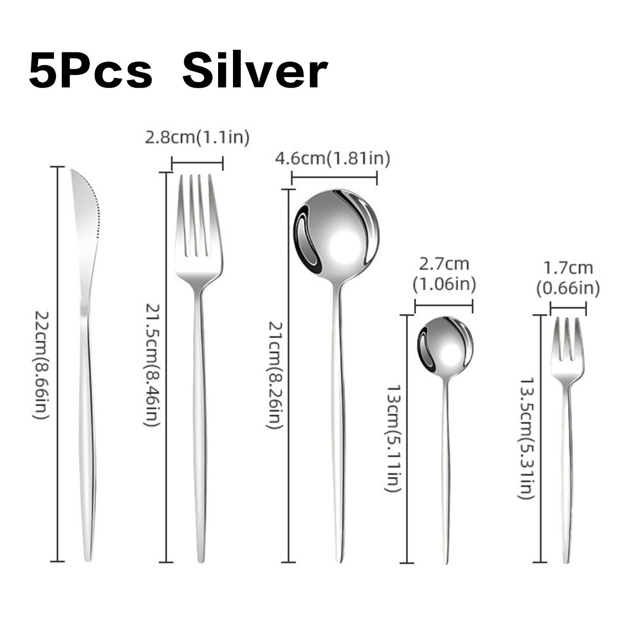 5pcs Stainless Steel Cutlery Set-Including Steak Knife,Forks,Spoons and Teaspoon,Dinner Forks,Dinner Spoons,Fruit Forks,Small Dessert Spoon,Coffee Spoon,Mirror Polished Stainless Steel Cutlery Set