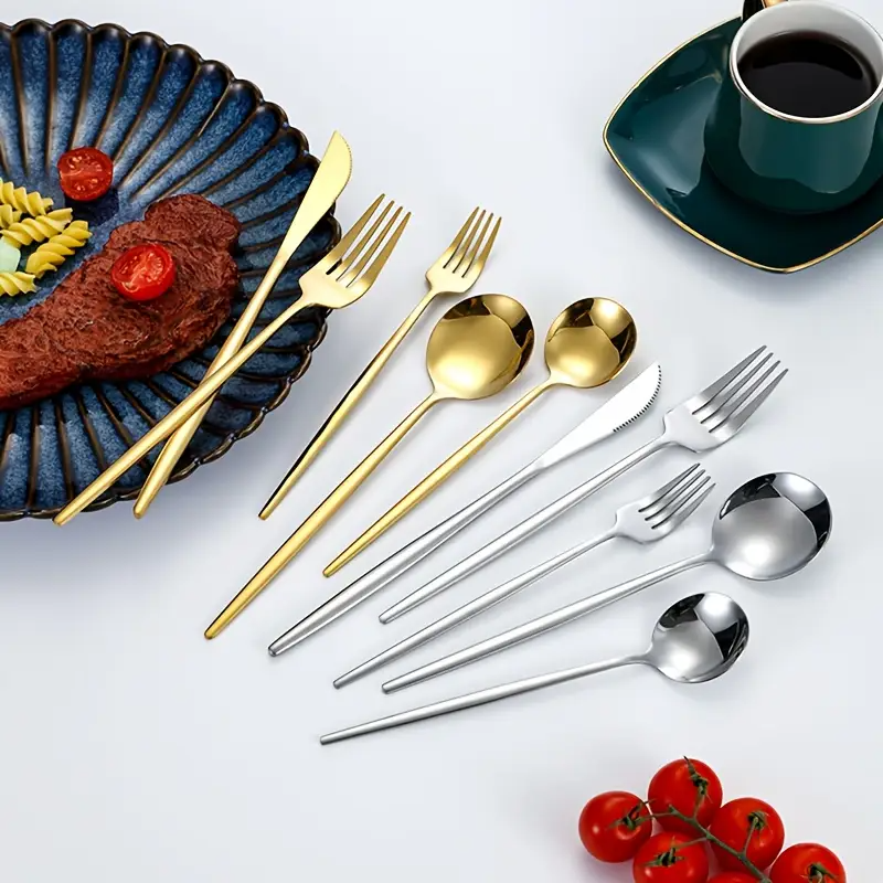 5pcs Stainless Steel Cutlery Set-Including Steak Knife,Forks,Spoons and Teaspoon,Dinner Forks,Dinner Spoons,Fruit Forks,Small Dessert Spoon,Coffee Spoon,Mirror Polished Stainless Steel Cutlery Set