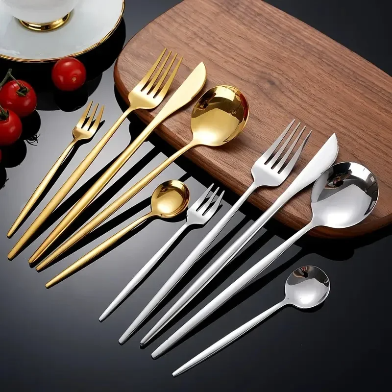 5pcs Stainless Steel Cutlery Set-Including Steak Knife,Forks,Spoons and Teaspoon,Dinner Forks,Dinner Spoons,Fruit Forks,Small Dessert Spoon,Coffee Spoon,Mirror Polished Stainless Steel Cutlery Set