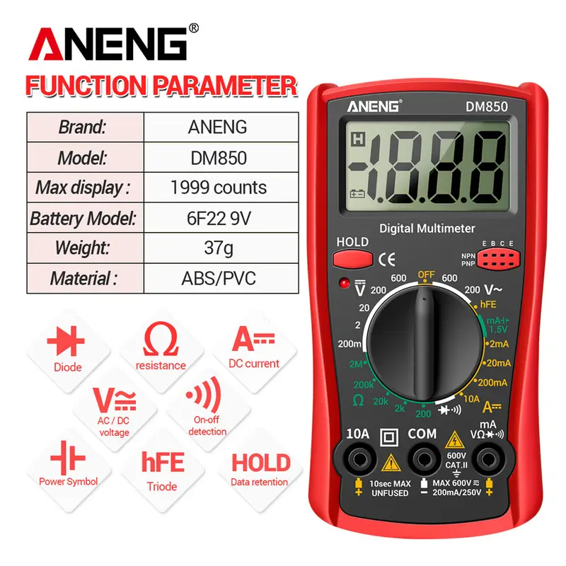 [Automatic Professional] ANENG DM850 | Automatic Digital Multimeter | 1999 Counts | Auto AC/DC Voltage Tester | Ohm Current Ammeter Detector Tool