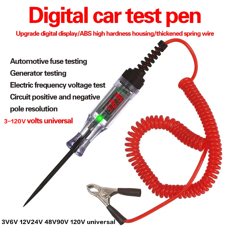 1pc Digital Display Car Truck Voltage Circuit Tester, 3-120V DC Long Probe Pen, Professional Automotive Diagnostic Tools