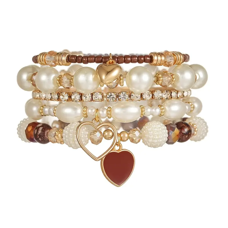 5pcs DIYTIME Boho-Elegant Synthetic Pearl Bracelet Set, Multi-Layer Heart Charm Wristlets for Women, Ideal for Daily Wear & Gifting, Synthetic Pearl Bracelet