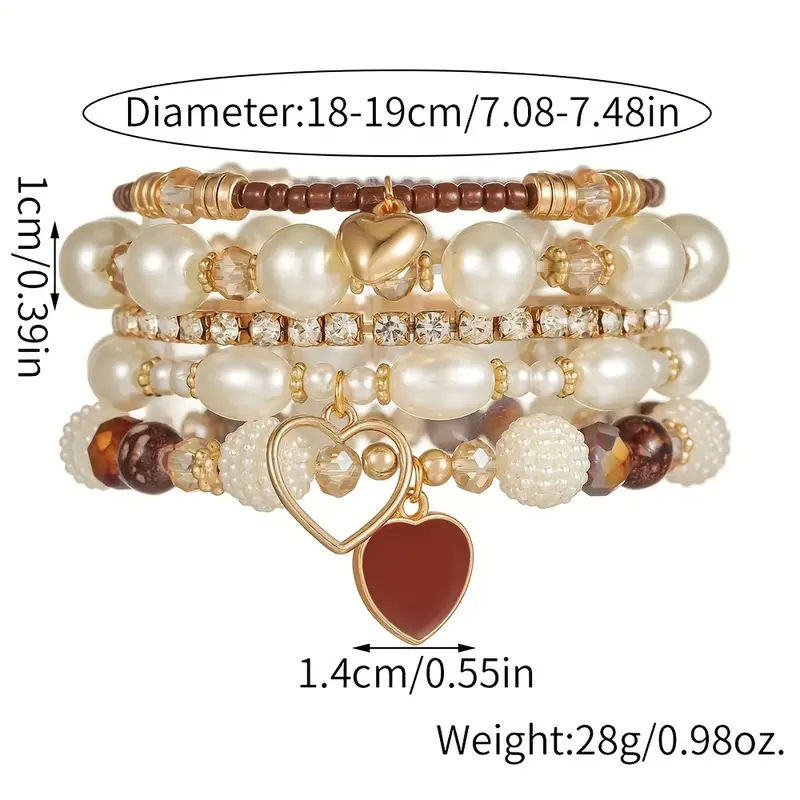 5pcs DIYTIME Boho-Elegant Synthetic Pearl Bracelet Set, Multi-Layer Heart Charm Wristlets for Women, Ideal for Daily Wear & Gifting, Synthetic Pearl Bracelet