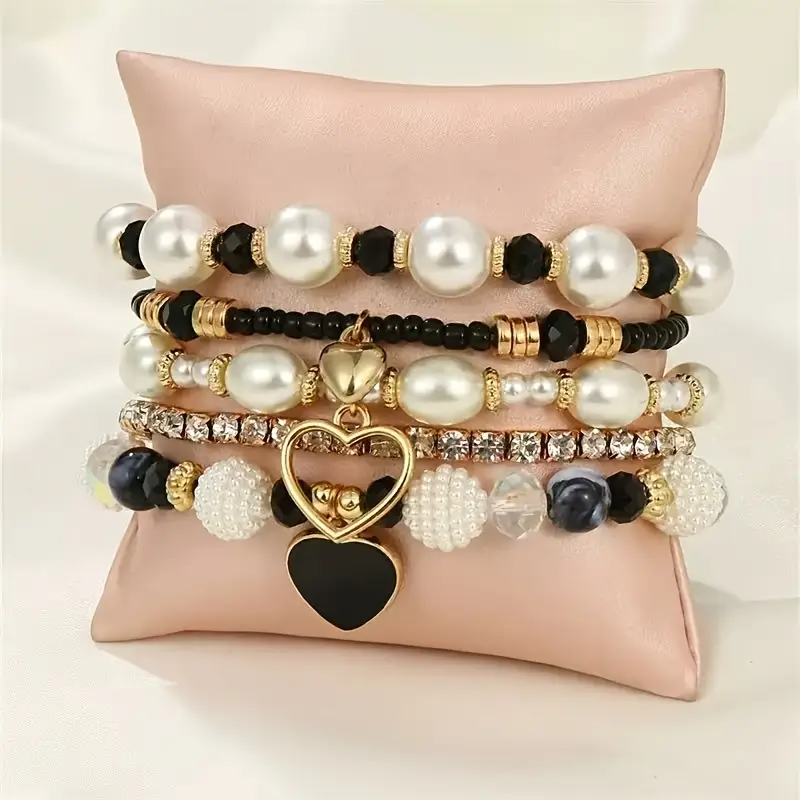 5pcs DIYTIME Boho-Elegant Synthetic Pearl Bracelet Set, Multi-Layer Heart Charm Wristlets for Women, Ideal for Daily Wear & Gifting, Synthetic Pearl Bracelet