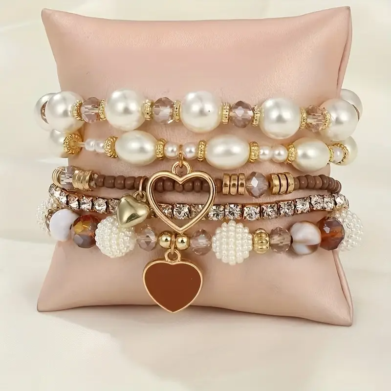 5pcs DIYTIME Boho-Elegant Synthetic Pearl Bracelet Set, Multi-Layer Heart Charm Wristlets for Women, Ideal for Daily Wear & Gifting, Synthetic Pearl Bracelet