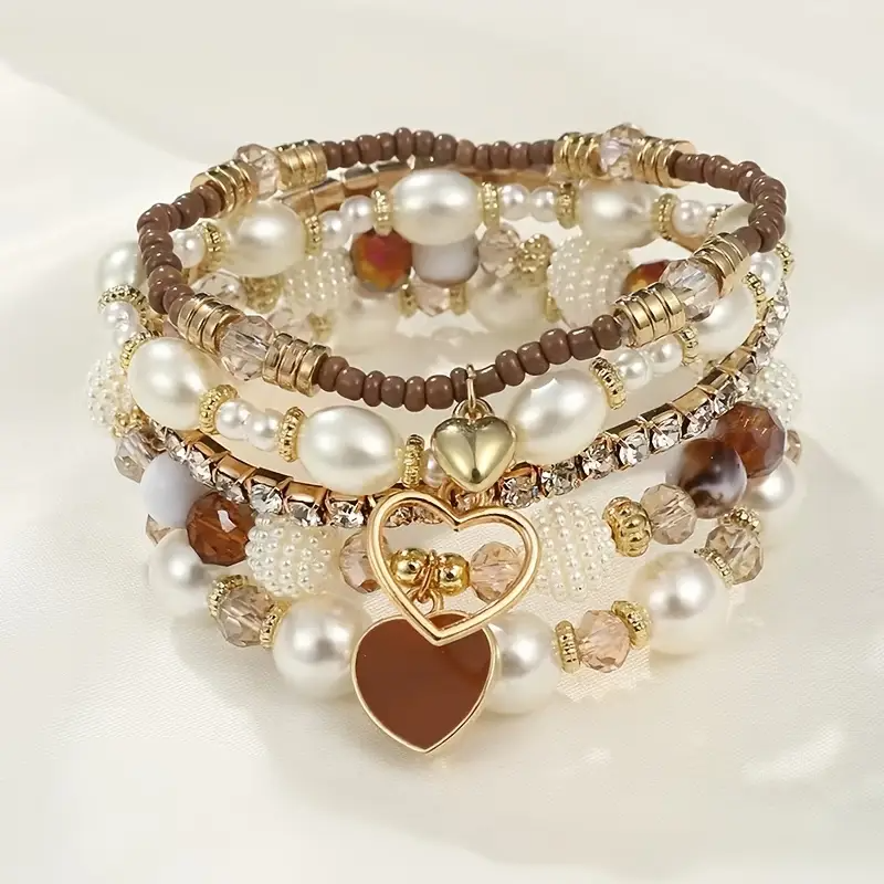 5pcs DIYTIME Boho-Elegant Synthetic Pearl Bracelet Set, Multi-Layer Heart Charm Wristlets for Women, Ideal for Daily Wear & Gifting, Synthetic Pearl Bracelet