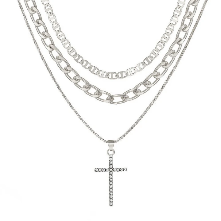 Fashion Multi-Layer Diamond-Encrusted Cross Pendant Necklace Women, Retro Personalized Chain Necklace