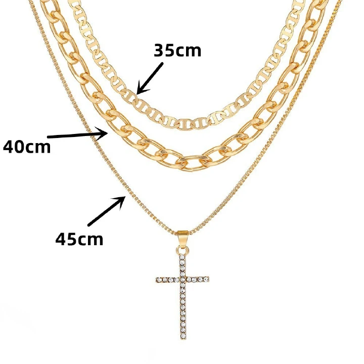 Fashion Multi-Layer Diamond-Encrusted Cross Pendant Necklace Women, Retro Personalized Chain Necklace