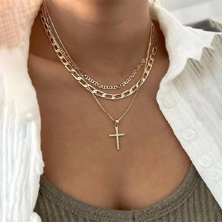 Fashion Multi-Layer Diamond-Encrusted Cross Pendant Necklace Women, Retro Personalized Chain Necklace