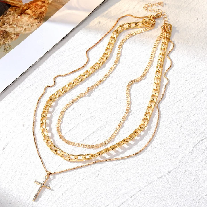 Fashion Multi-Layer Diamond-Encrusted Cross Pendant Necklace Women, Retro Personalized Chain Necklace