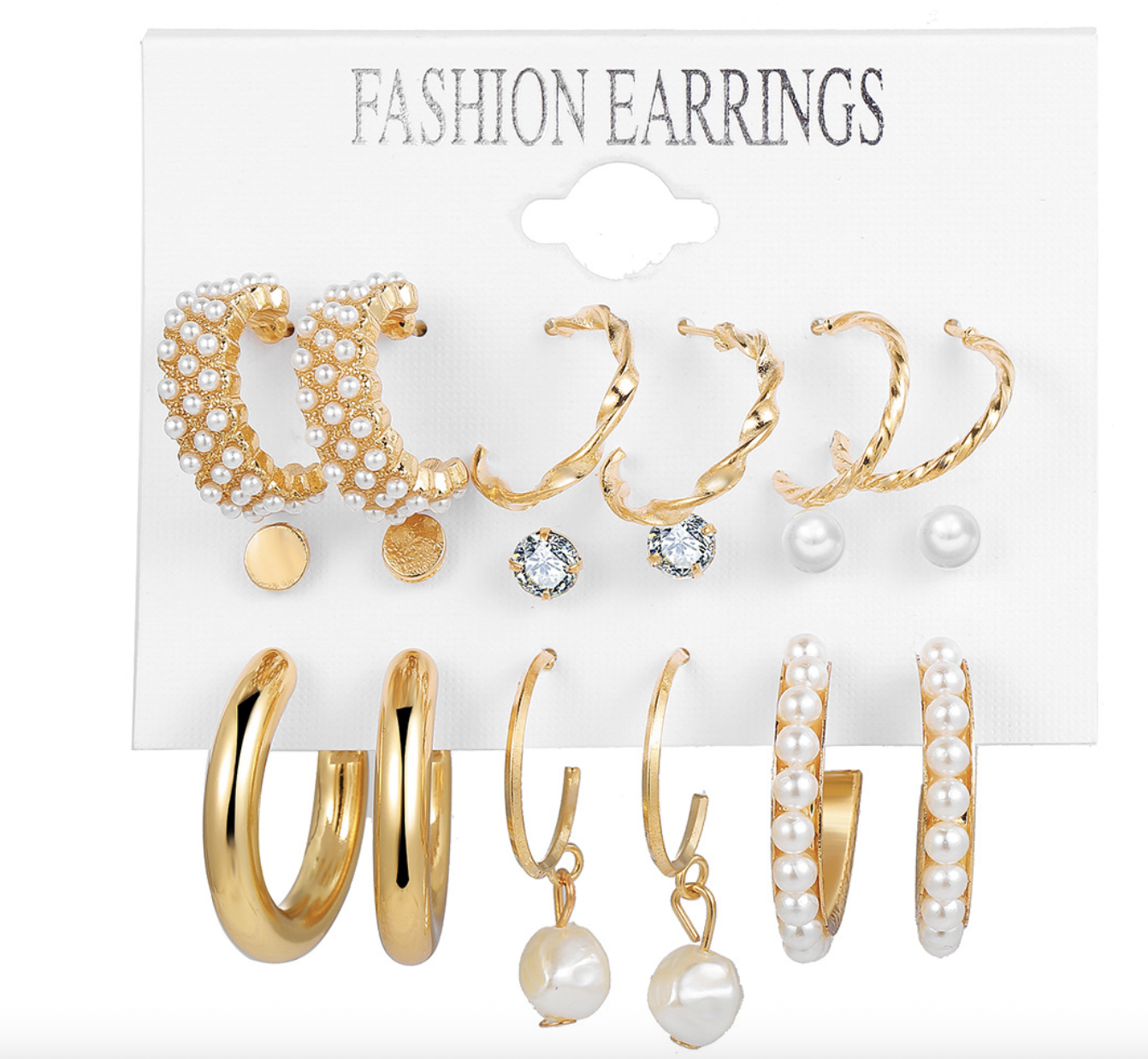 9Pairs/Set Women Earrings Rhinestone Pearl Exaggerated Gold Creative Personality Relief Earrings Women's Fashion Accessories Jewelry Gold as picture