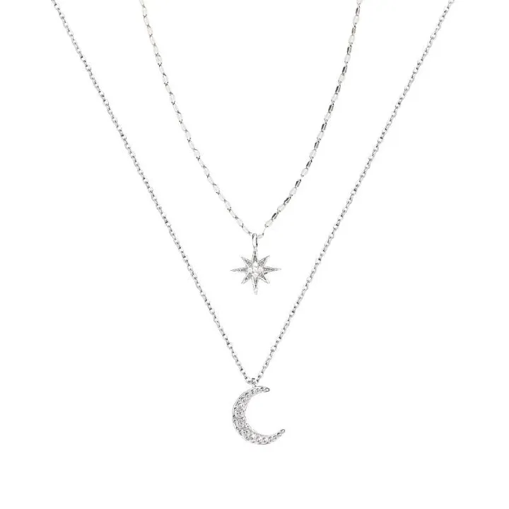 Women's Jewelry Women's Necklaces Silver Diamond Star Moon Double Layer Necklace Clavicle Chain Sweater Chain