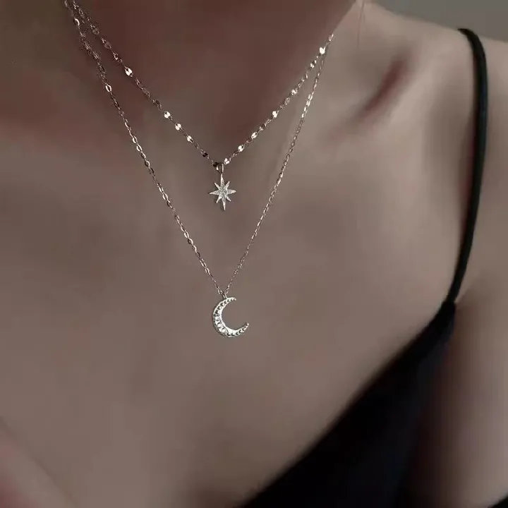 Women's Jewelry Women's Necklaces Silver Diamond Star Moon Double Layer Necklace Clavicle Chain Sweater Chain