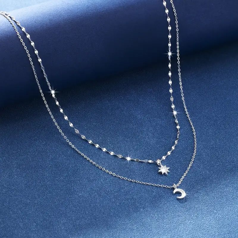Women's Jewelry Women's Necklaces Silver Diamond Star Moon Double Layer Necklace Clavicle Chain Sweater Chain