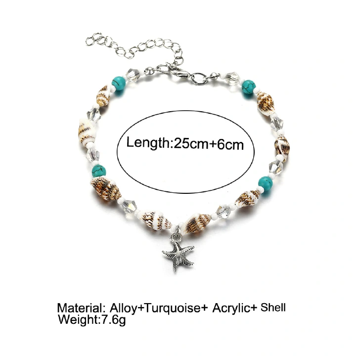 European And American New Conch Rice Bead Yoga Anklet Bracelet, Beach Starfish Pendant, Shell Crystal Bead Foot Decoration