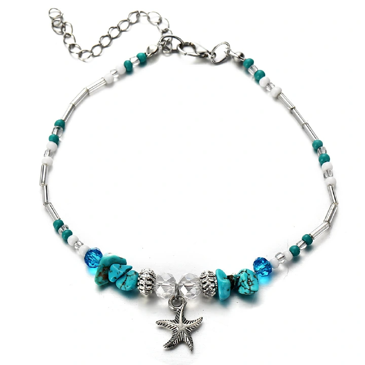 European And American New Conch Rice Bead Yoga Anklet Bracelet, Beach Starfish Pendant, Shell Crystal Bead Foot Decoration