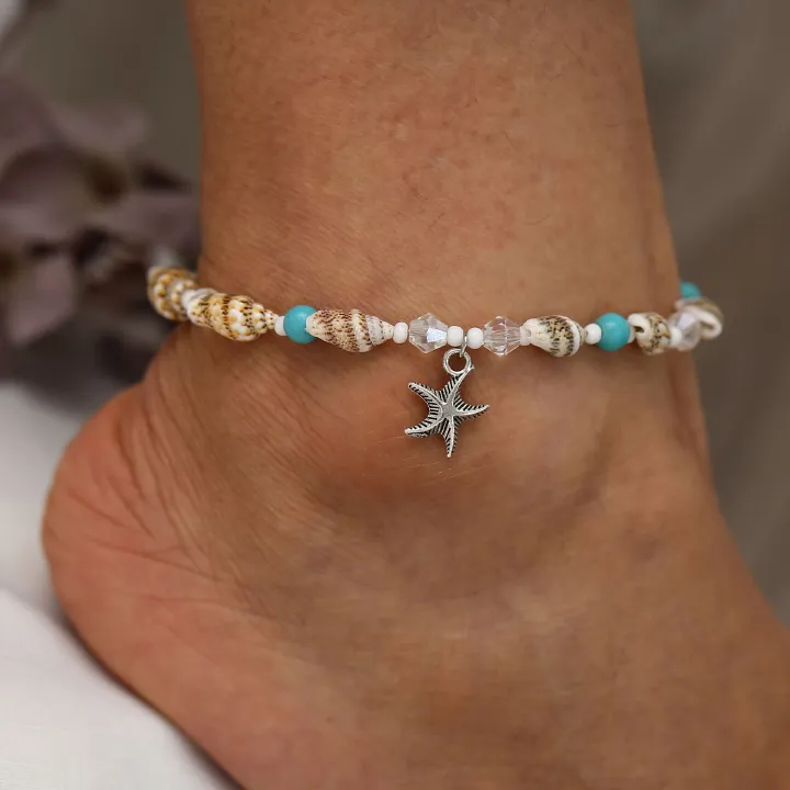 European And American New Conch Rice Bead Yoga Anklet Bracelet, Beach Starfish Pendant, Shell Crystal Bead Foot Decoration