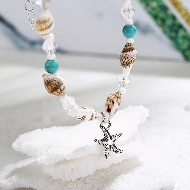 European And American New Conch Rice Bead Yoga Anklet Bracelet, Beach Starfish Pendant, Shell Crystal Bead Foot Decoration