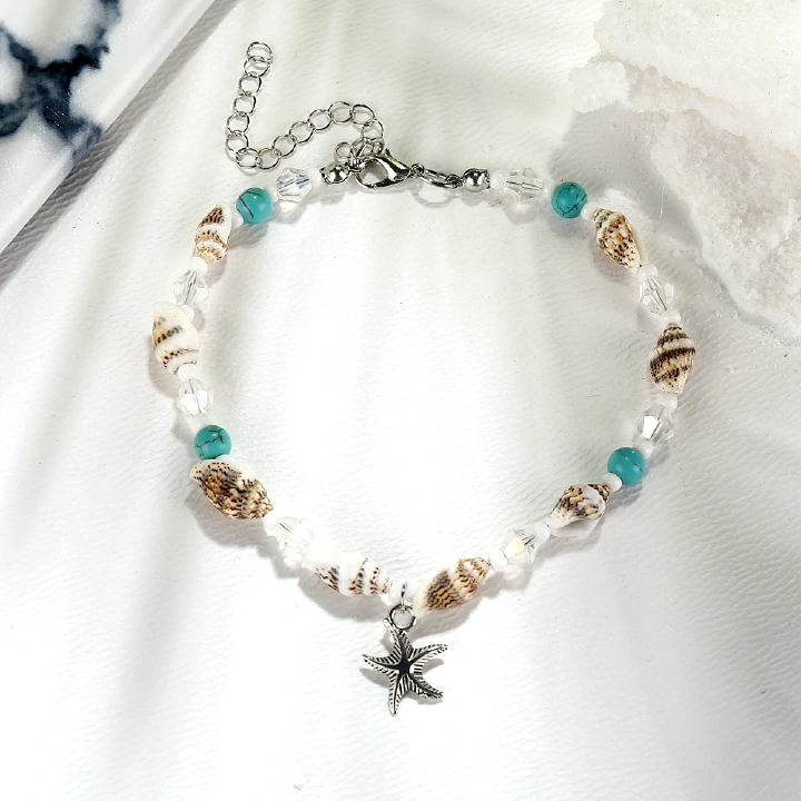 European And American New Conch Rice Bead Yoga Anklet Bracelet, Beach Starfish Pendant, Shell Crystal Bead Foot Decoration
