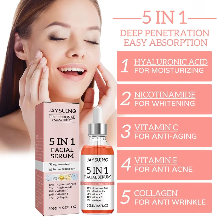 1pc, 5 In 1 Facial Serum, Moisturizing Smoothing Wrinkle Vitamin C Hyaluronic Acid Face Serum, Shrink Pores Serum, Skin Care