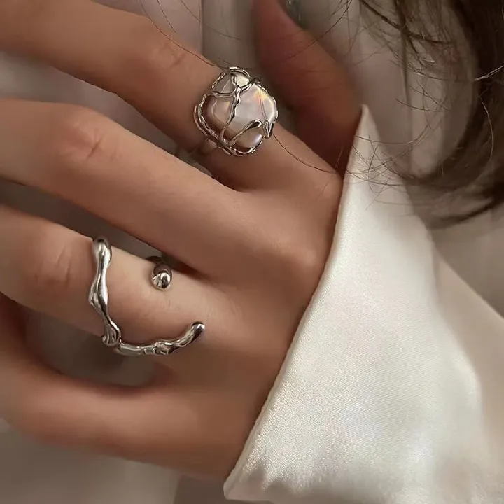 Two-piece ring Open Ring Personalized Rings Moon and Pearl Ring Personality and fashion Unique design Women's Rings Can be worn on any finger