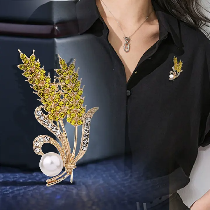 Trendy Crystal Ear of Wheat Brooches for Women Luxury Rhinestones Camellia Flower Pins Shirt Dress Accessories Casual Jewelry