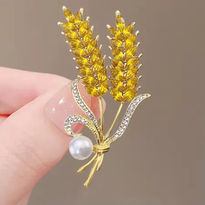 Trendy Crystal Ear of Wheat Brooches for Women Luxury Rhinestones Camellia Flower Pins Shirt Dress Accessories Casual Jewelry