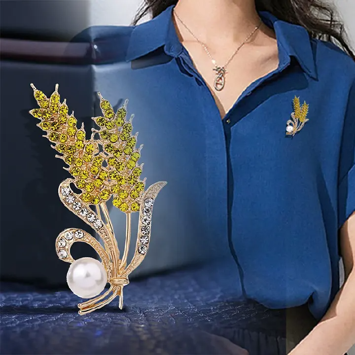 Trendy Crystal Ear of Wheat Brooches for Women Luxury Rhinestones Camellia Flower Pins Shirt Dress Accessories Casual Jewelry