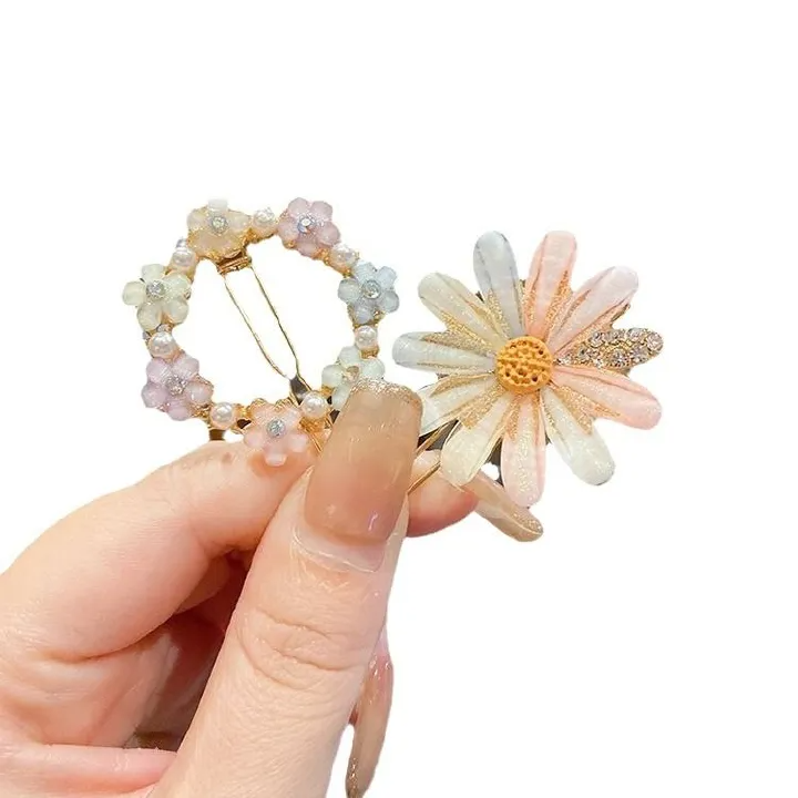 4pcs Imitation Diamond Pearl Fork for Girl, Bright Flower Side Pins, Heart Hair Clips, Cute Accessories