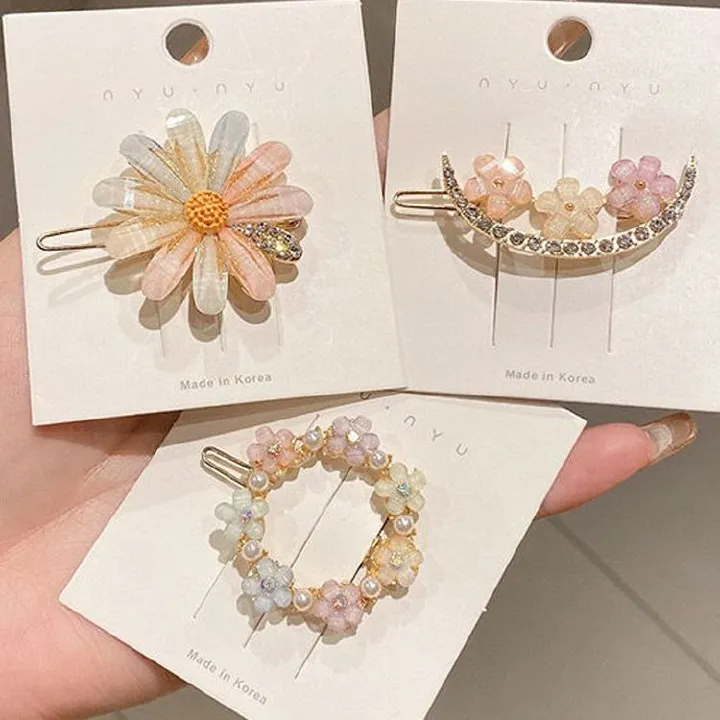 4pcs Imitation Diamond Pearl Fork for Girl, Bright Flower Side Pins, Heart Hair Clips, Cute Accessories
