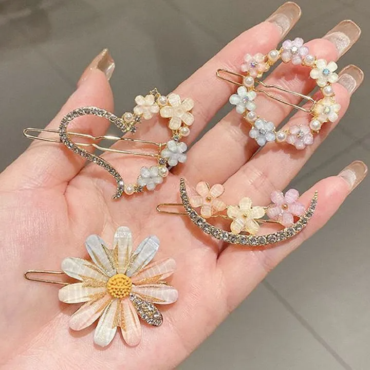 4pcs Imitation Diamond Pearl Fork for Girl, Bright Flower Side Pins, Heart Hair Clips, Cute Accessories