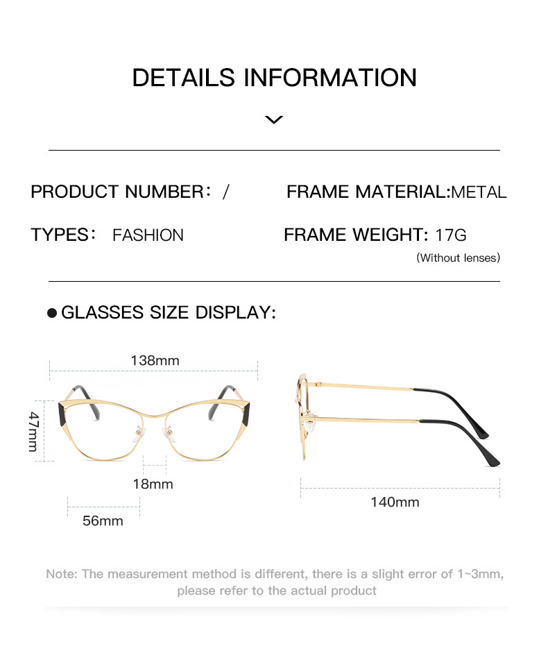 New Fashion Metal Color Changing Optical Photochromic Cat Eye Anti Blue Light Glasses Frame for Women 1PC