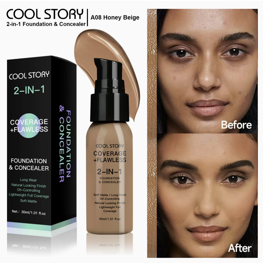 Waterproof Full Coverage Concealer With Primer Sponge Set, Smooth Matte Flawless Creamy Liquid Foundation Corrector Makeup Kit for Face Eye Dark Circles Spot Acne Scar Cover (Dark Natural)