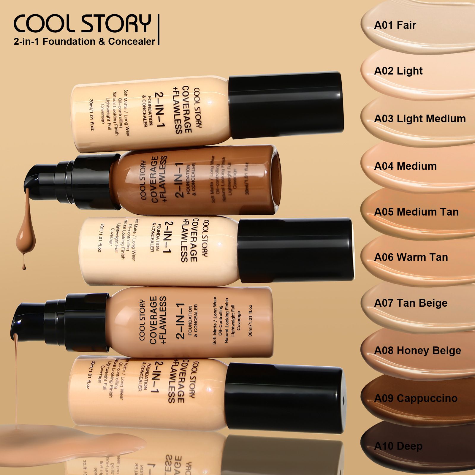 Waterproof Full Coverage Concealer With Primer Sponge Set, Smooth Matte Flawless Creamy Liquid Foundation Corrector Makeup Kit for Face Eye Dark Circles Spot Acne Scar Cover (Dark Natural)