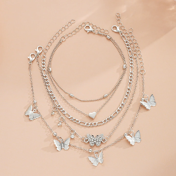 [4-Piece Set] Holiday Beach Butterfly Multi-Layer Anklet Creative Round Bead Peach Heart Chain Anklet