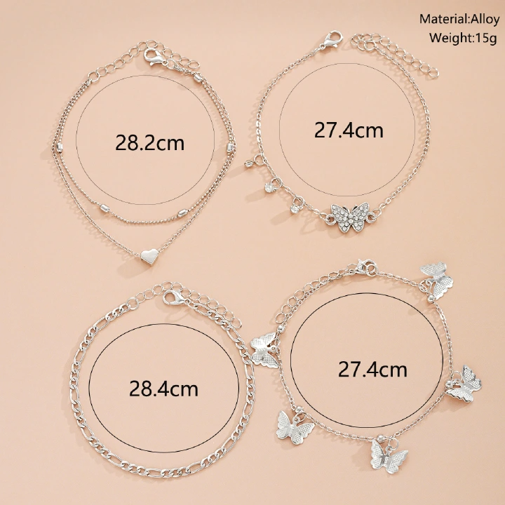 [4-Piece Set] Holiday Beach Butterfly Multi-Layer Anklet Creative Round Bead Peach Heart Chain Anklet