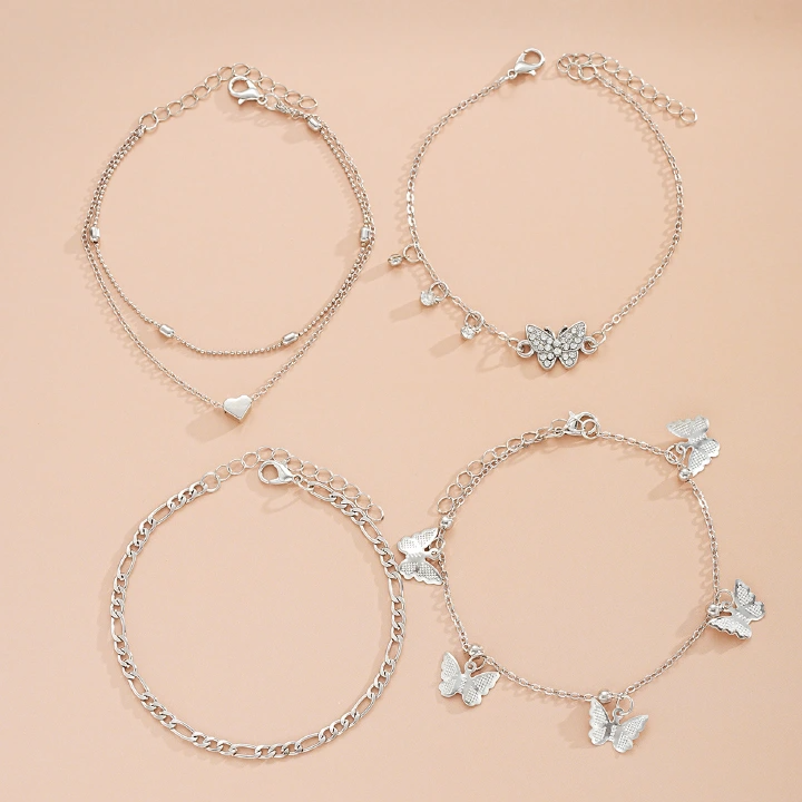 [4-Piece Set] Holiday Beach Butterfly Multi-Layer Anklet Creative Round Bead Peach Heart Chain Anklet