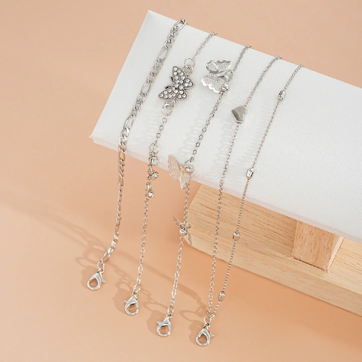[4-Piece Set] Holiday Beach Butterfly Multi-Layer Anklet Creative Round Bead Peach Heart Chain Anklet