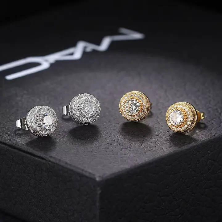 Hip-hop stud man men earrings full of diamond micro gold plated men's earrings Amazon hipster accessories