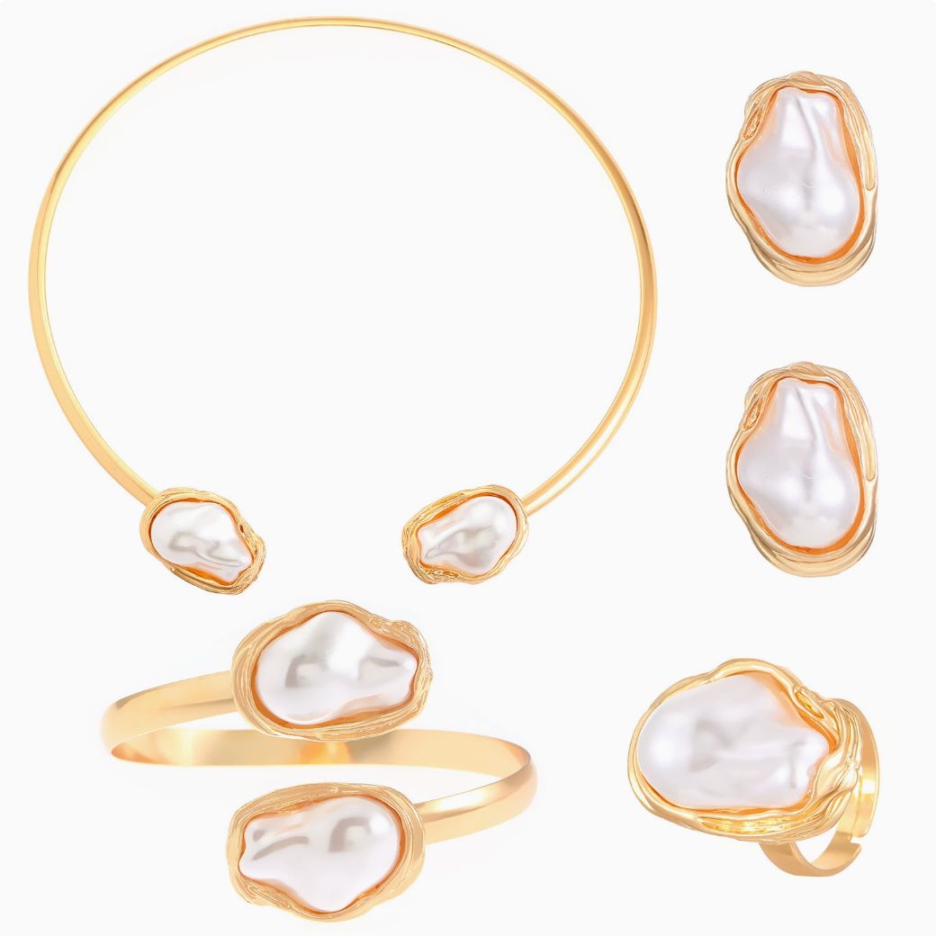 European And American Trends Are Hot, Special-Shaped Pearl Set, Retro Luxury Fashion Temperament Necklace, Stud Earrings, Ring Set.