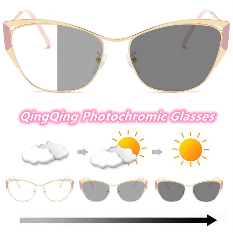 New Fashion Metal Color Changing Optical Photochromic Cat Eye Anti Blue Light Glasses Frame for Women 1PC