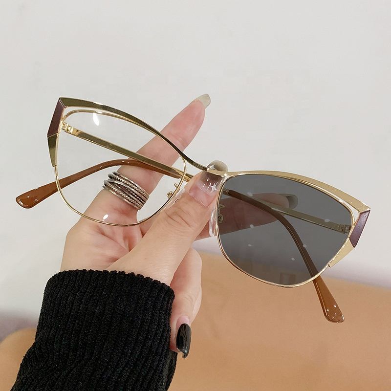 New Fashion Metal Color Changing Optical Photochromic Cat Eye Anti Blue Light Glasses Frame for Women 1PC