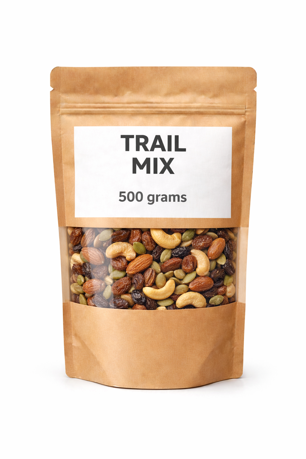 Trail mix - 500 grams. (Cashew nuts, almonds, pumpkin seeds, raisins). Offers a mix of protein, fiber, healthy fats, and carbohydrates. Provides quick and sustained energy.