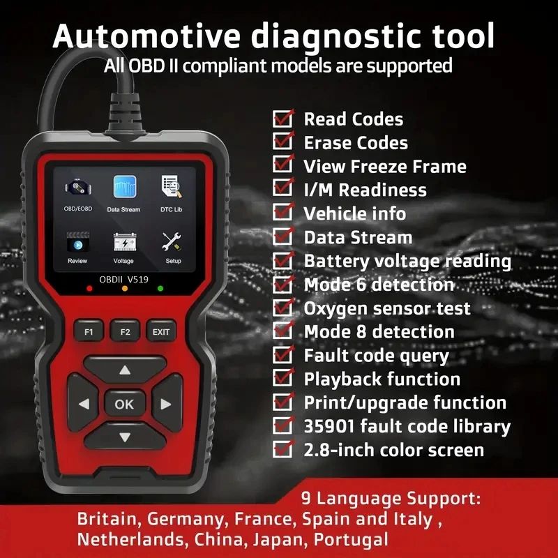OBDII Diagnostic Code Reader Tool For Check Engine Light Battery Voltage Testing OBD2 Scanner Live Data Professional Mechanic